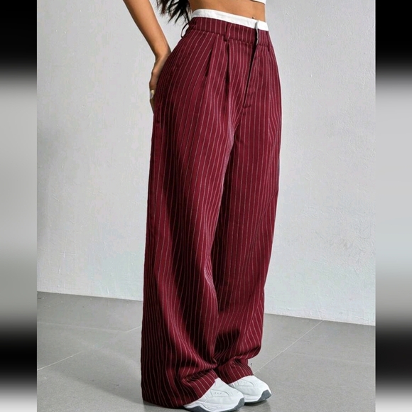 Striped Wide Leg Patchwork Waistband Suit Pants - Picture 1 of 6